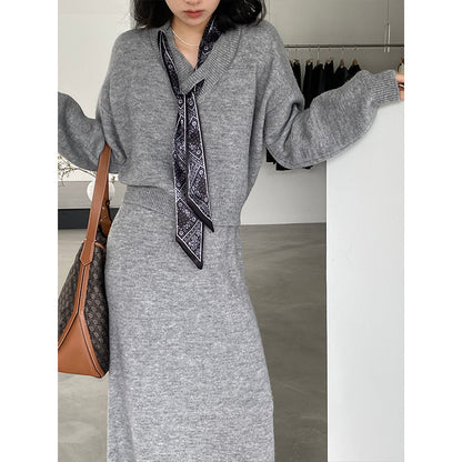 【cim823】實拍韓系軟糯短版針織毛衣+絲巾+針織長裙251030