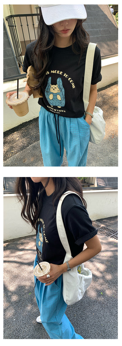 【H5165】實拍夏天帶一隻貓咪出門印花寬鬆短袖250407