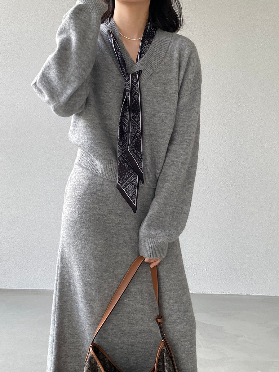 【cim823】實拍韓系軟糯短版針織毛衣+絲巾+針織長裙251030