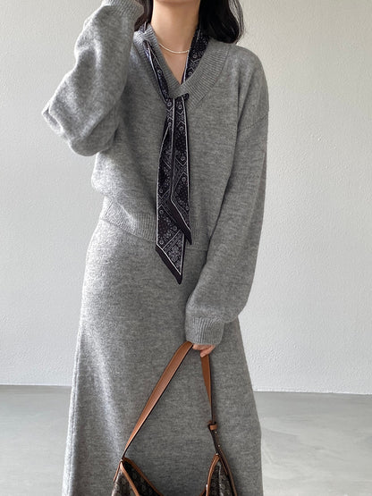 【cim823】實拍韓系軟糯短版針織毛衣+絲巾+針織長裙251030