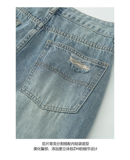 【H5344】實拍S~XL夏日復古洗舊寬鬆牛仔褲250624