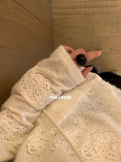 【L9359】實拍檸檬秋冬重工鈎花蕾絲寬鬆連帽蕾絲衫251117