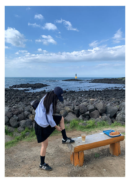 【H5382】實拍休閒寬鬆短版藍色條紋襯衫250902