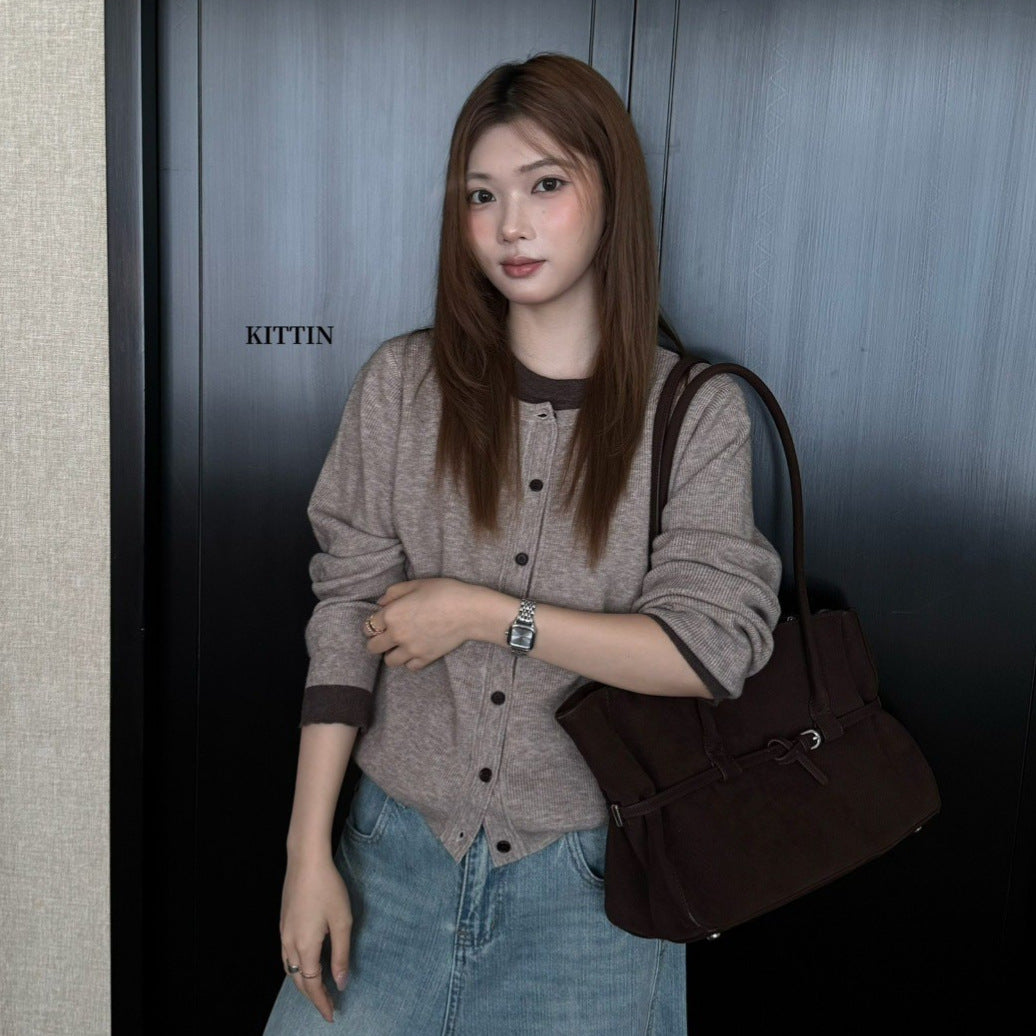 【L1175】KITTIN秋季復古設計感・撞色假兩件單排釦針織小外套260921
