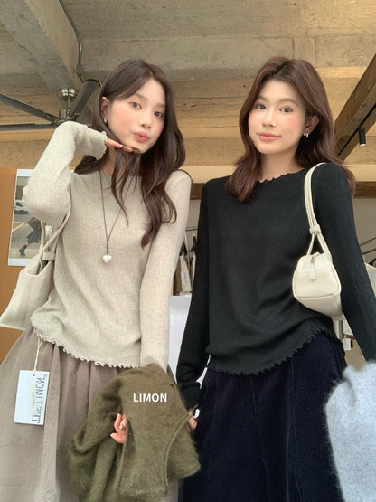 【LNM8599】檸檬家極簡肌理感・木耳邊圓領長袖針織衫260916