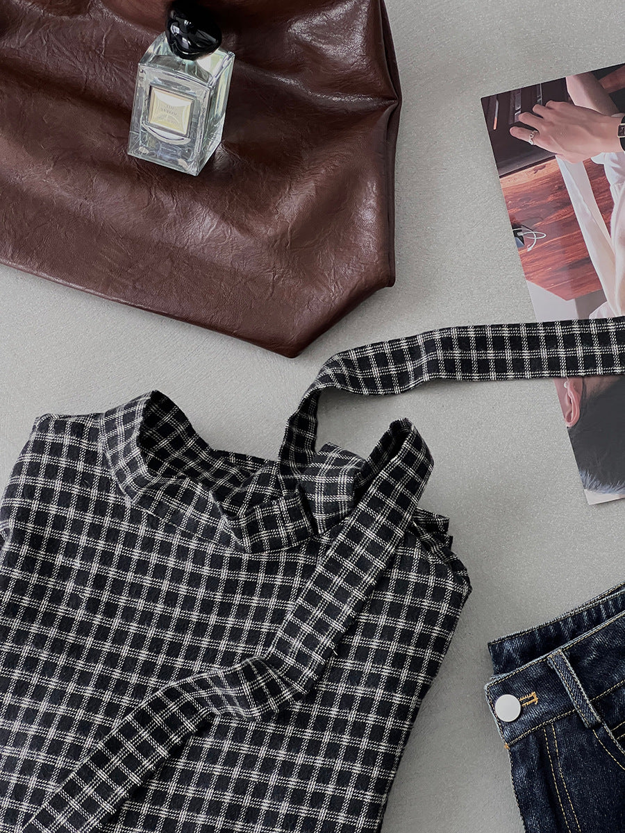 【cim1695】實拍法式磨毛領結氣質格子襯衫251030