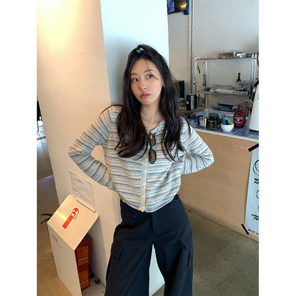 【H5403】實拍韓系復古超可愛條紋針織開衫250902