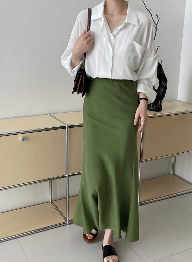 【cim5597】實拍夏季設計感斜裁魚尾裙高級感松綠色240417