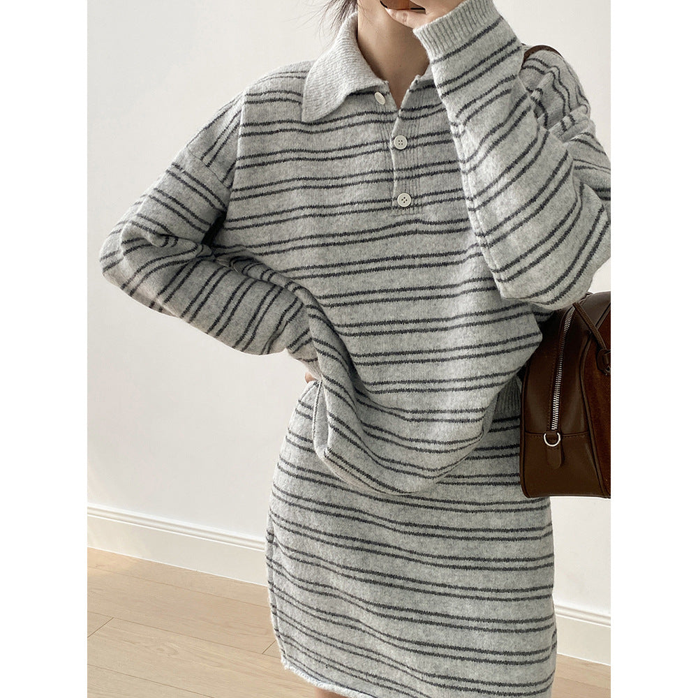 【YP6619】實拍復古條紋毛衣＋針織短裙(含羊毛6%)  套裝251023