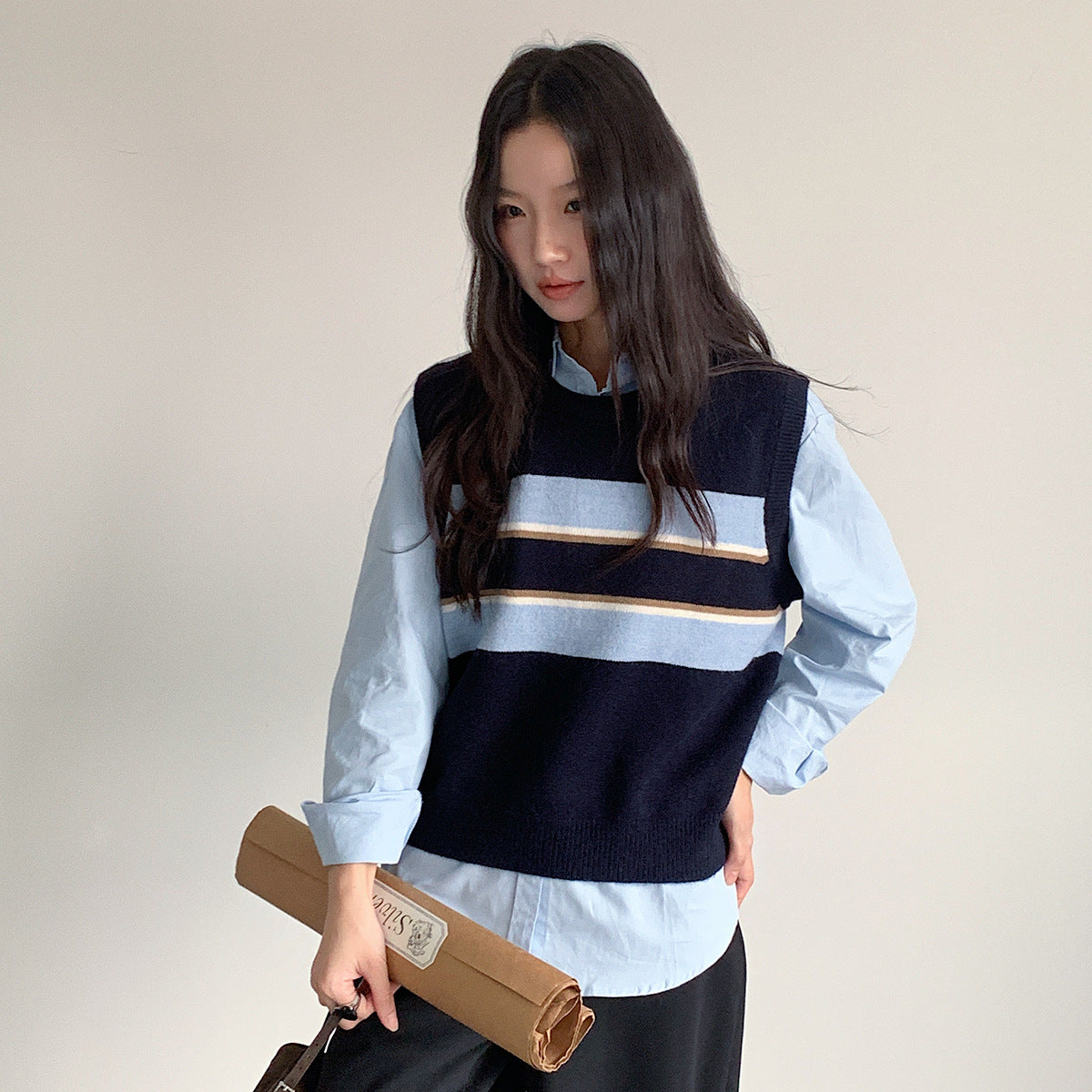 【LD11014】實拍學院感條紋圓領針織毛衣251110