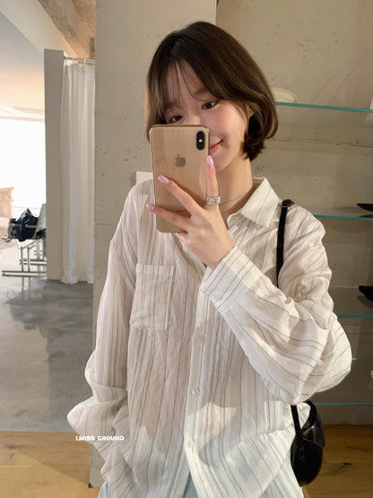 【LR90575】IMISS 極簡時髦美學☕復古條紋口袋顯瘦翻領長袖襯衫260323
