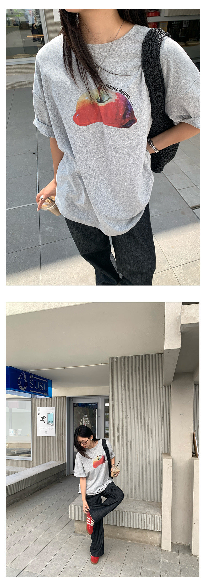 【H5285】實拍夏天韓國蘋果印花大版短袖寬鬆T恤250603