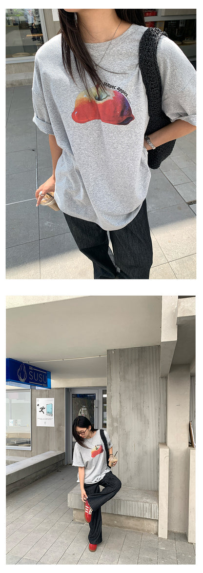 【H5285】實拍夏天韓國蘋果印花大版短袖寬鬆T恤250603