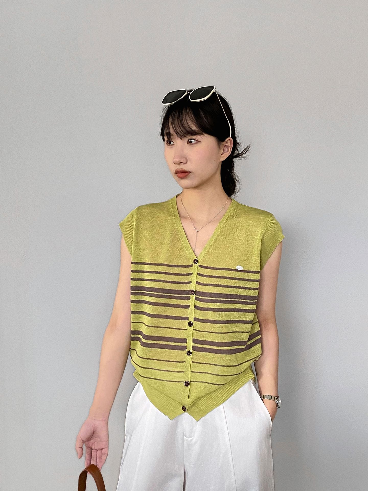 【cimz90200】韓系高級知性美✨天絲亞麻25條紋排扣收腰顯瘦無袖針織背心260709