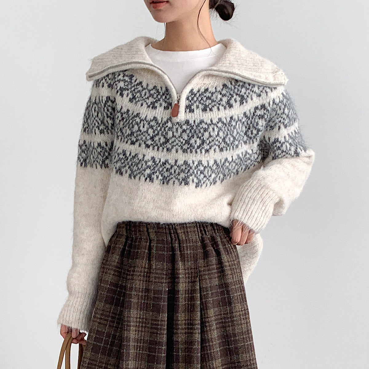 【LD11004】實拍兔絨毛混紡費爾島針織毛衣半拉鏈大翻領251110