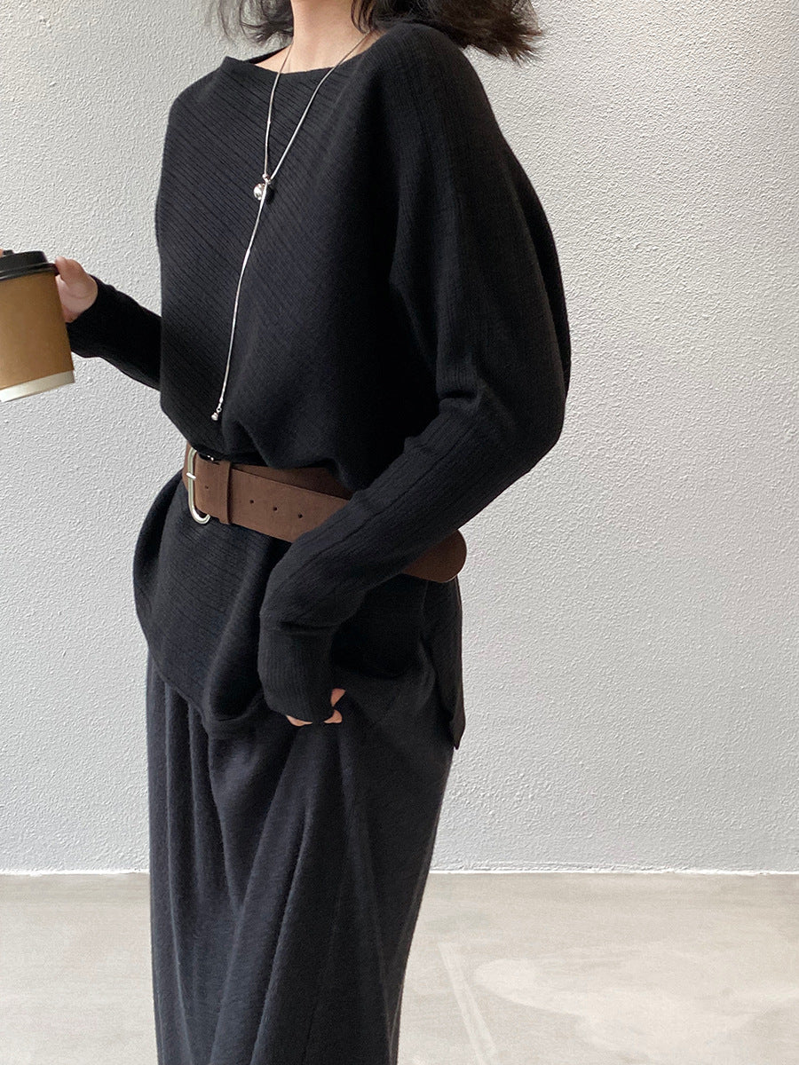 【cim9033】實拍韓系高級感長袖斜肩針織衫＋腰帶251030