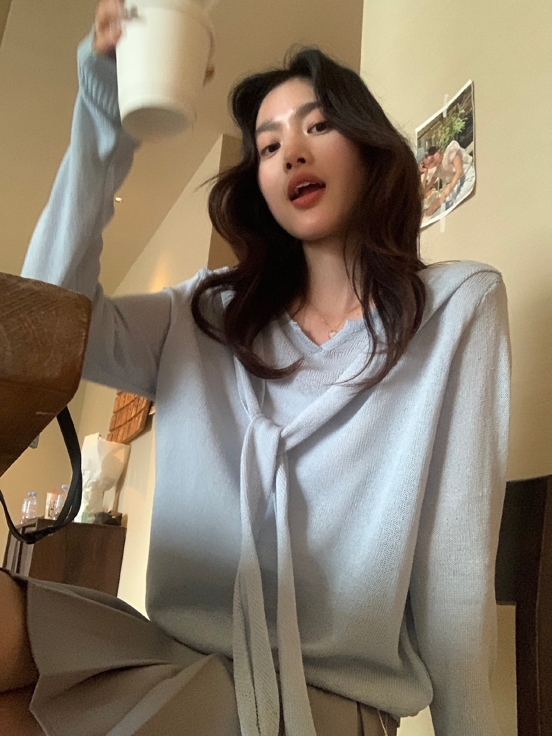 【L8108】實拍檸檬家一秒變紙片人✨韓風亞麻假兩件披肩長袖針織上衣260330