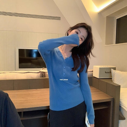 【L99909】檸檬秋冬超修身V領纽扣長袖針織衫251117