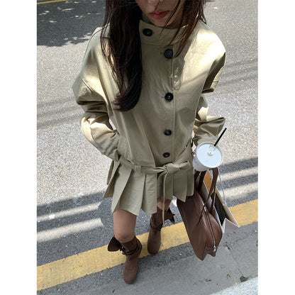 【H5400】實拍韓系慵懶卡其立領收腰風衣外套250902