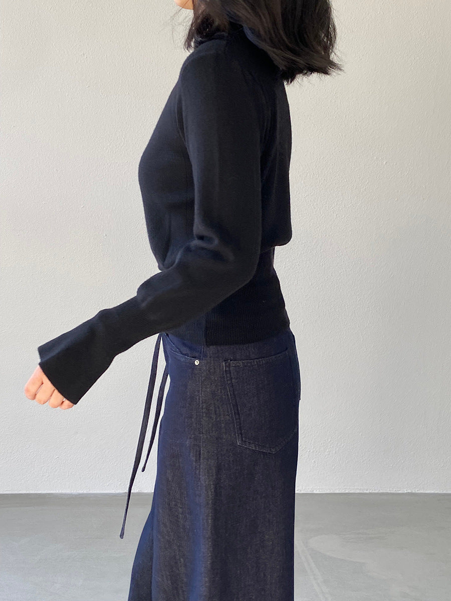 【cimz3012】實拍韓系氣質半高領喇叭袖收腰針織衫251201