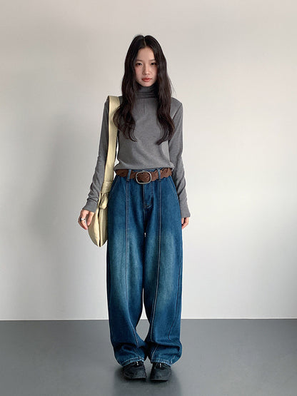 【LD11020】實拍S~XL加絨加厚復古水洗做舊彎刀闊腿牛仔褲251110