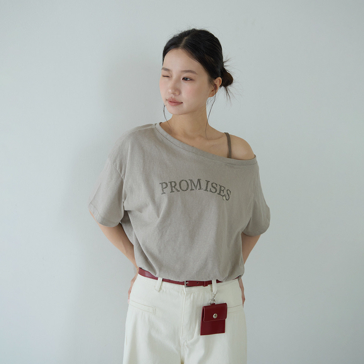 【LD11279】Y2K甜辣女孩🔥時髦單肩細肩帶字母印花假兩件露肩收腰T恤260519