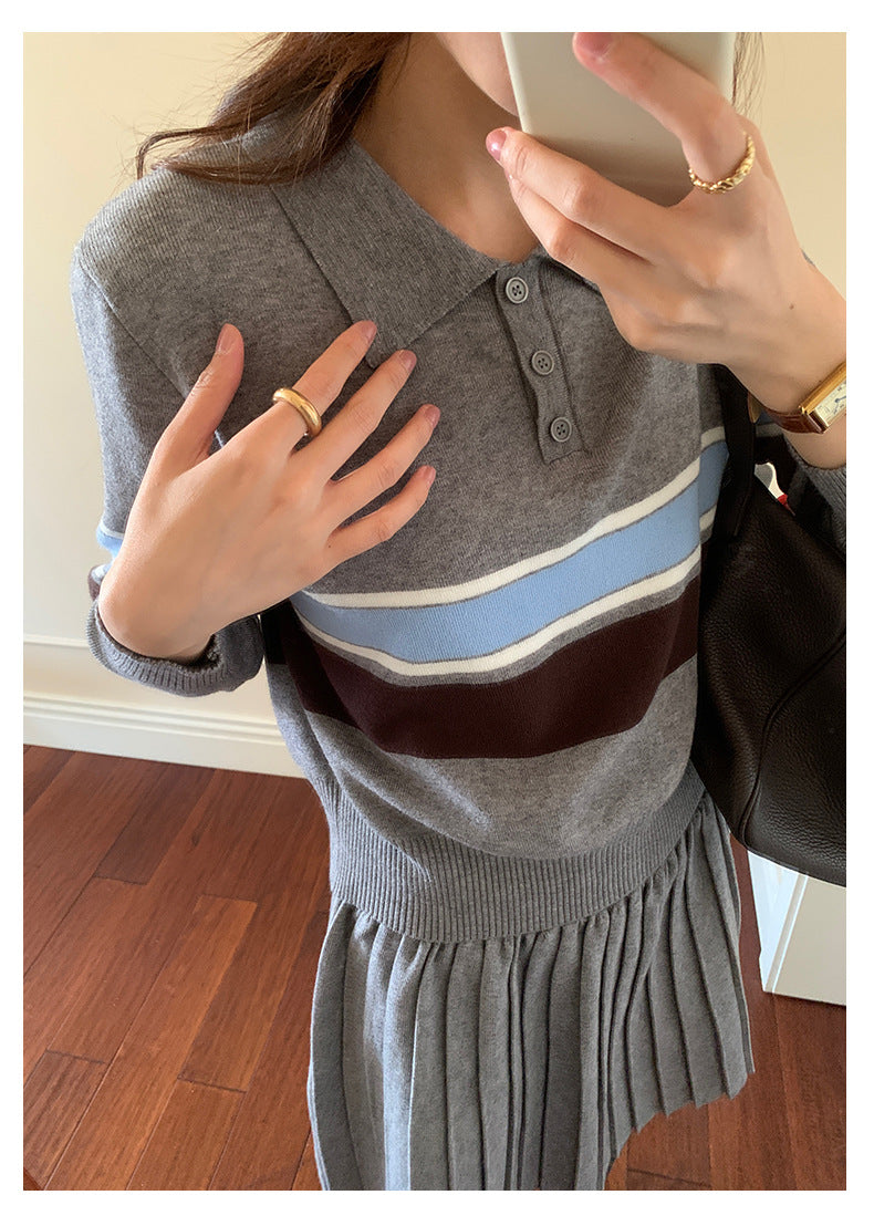 【H5518】實拍復古中性條紋針織衫＋針織百褶裙251125