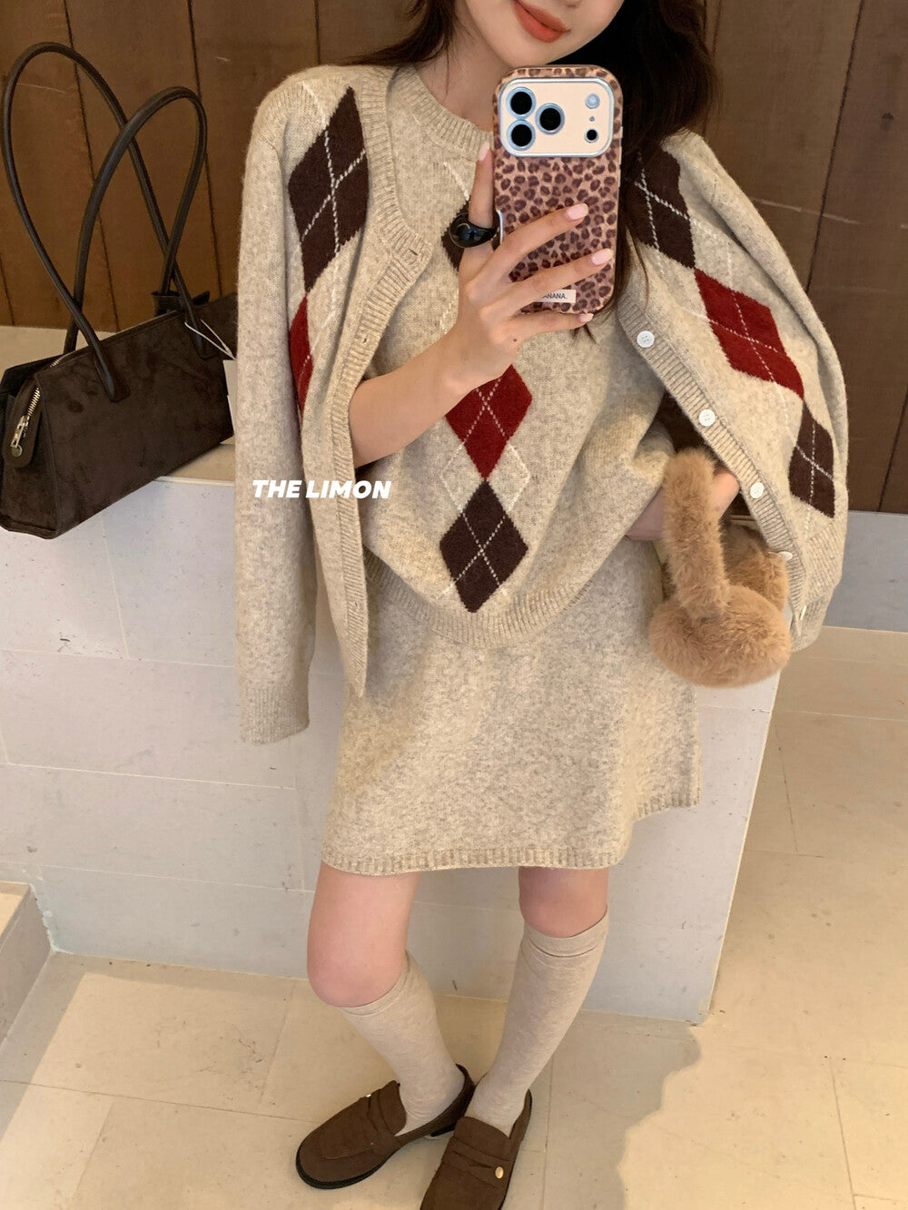 【L6880】實拍檸檬秋冬菱格針織開衫+圓領背心+針織裙251117