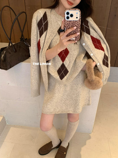 【L6880】實拍檸檬秋冬菱格針織開衫+圓領背心+針織裙251117