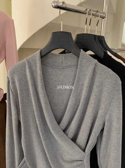 【L9312】檸檬法式簡約交叉羊絨薄绒V領長袖T恤251117