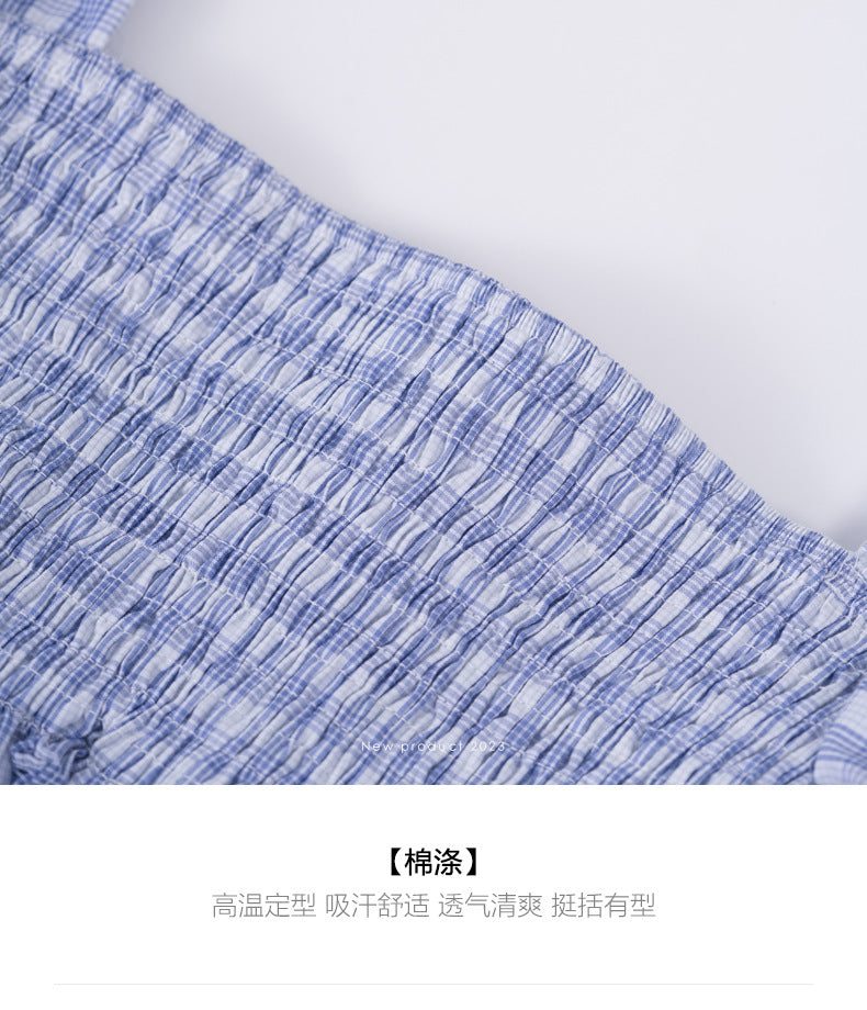 【H6047】實拍韓國氣質顯瘦格子褶皺方領上衣230705