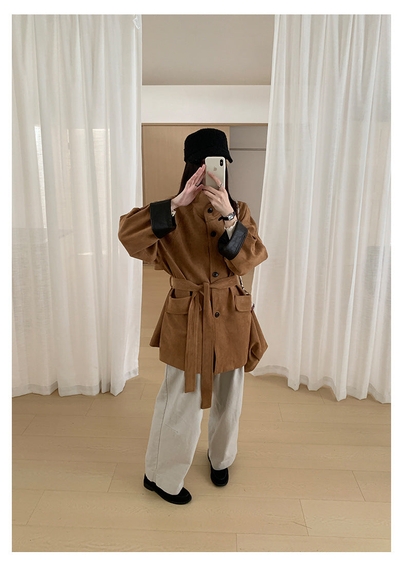 【H569】實拍復古個性皮革拼麂皮絨大衣外套＋麂皮肩背包251021