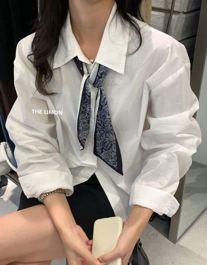 【L9160】實拍檸檬家法式簡約風設計感翻領長袖襯衫＋絲巾250901