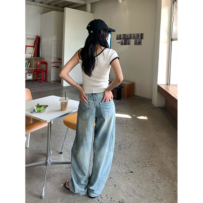 【H5276】實拍不規則刷破牛仔褲 寬鬆顯瘦鬚邊長褲250520