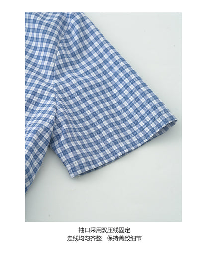 【H5348】實拍夏天藍白格襯衫百褶洋裝250701