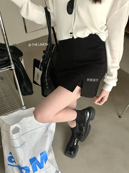 【L8198】實拍夏季韓版高腰彈力開衩A字裙（內有安全褲）250505