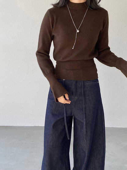 【cimz3012】實拍韓系氣質半高領喇叭袖收腰針織衫251201