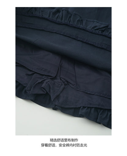 【H5286】實拍韓系小清新荷葉顯瘦高腰A字裙（內含安全褲）250603