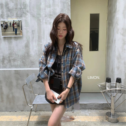 【L11087】檸檬早秋新款慵懶輕質感格紋寬鬆顯瘦長袖襯衫260728