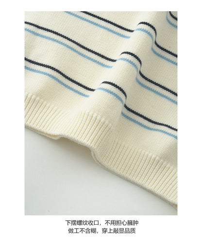 【H5454】實拍復古鬆弛感條紋刺繡針織毛衣250923