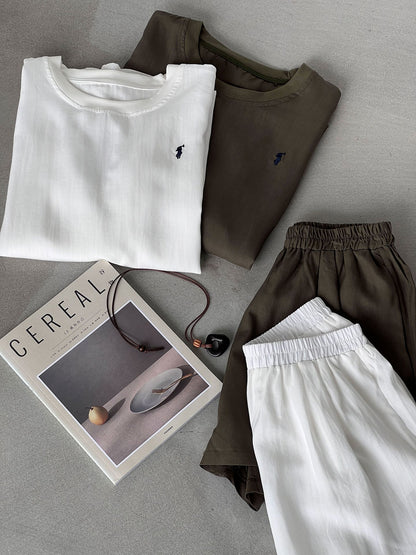 【cimz66173】老錢風休閒穿搭☕小馬刺繡防曬棉麻五分袖上衣+短褲兩件套260612