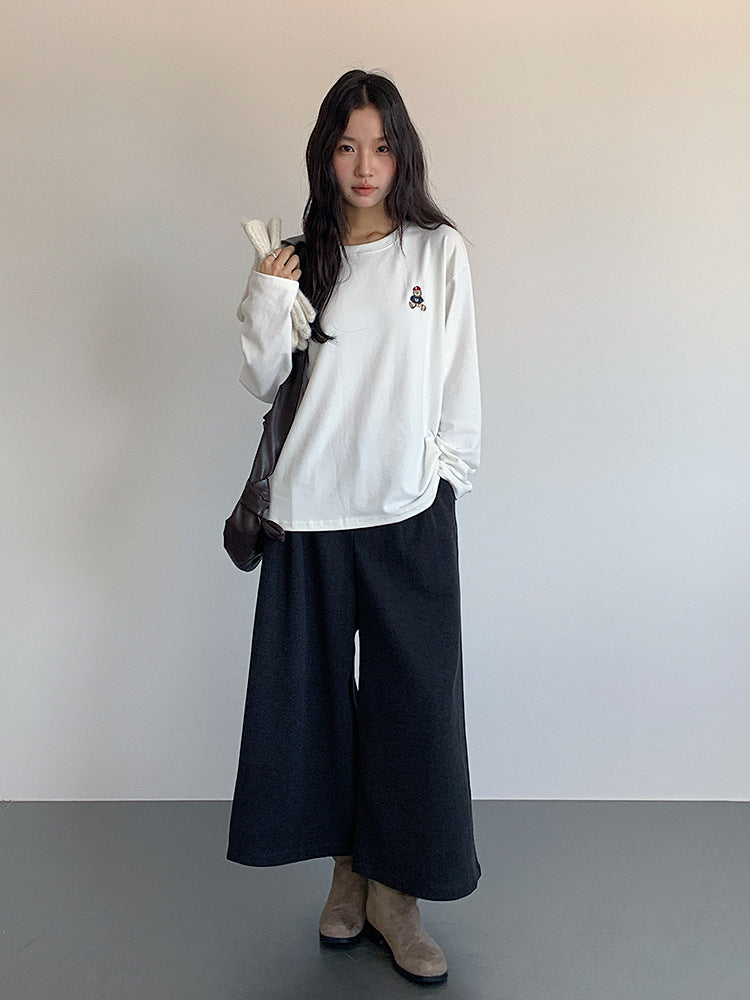 【LD11025】實拍舒適小熊刺繡寬鬆長袖T恤251124