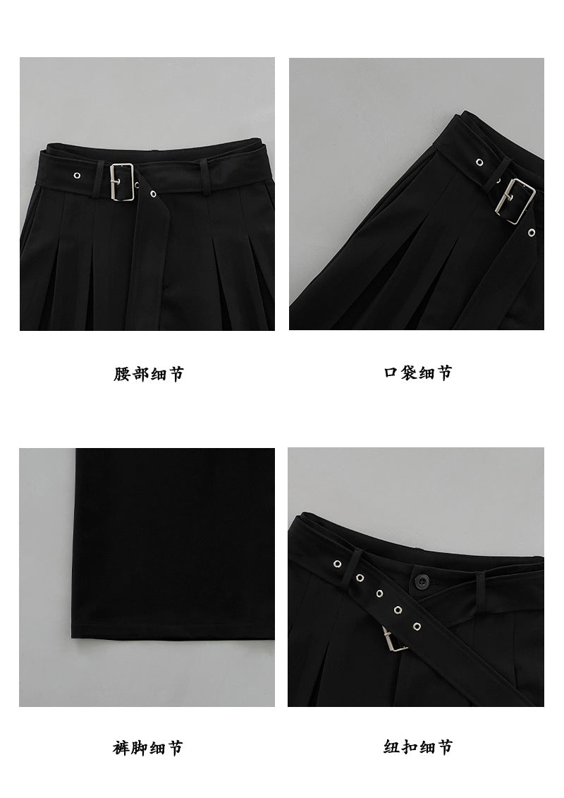 【cimz6599】 老錢風・黑色直筒打褶西裝休閒寬褲+腰帶260903
