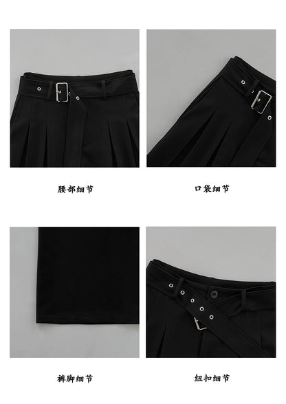 【cimz6599】 老錢風・黑色直筒打褶西裝休閒寬褲+腰帶260903