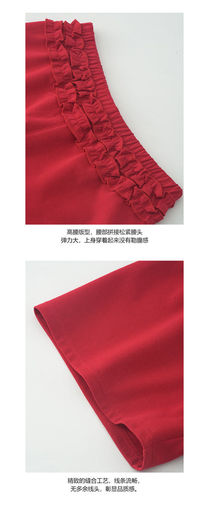 【H5278】實拍韓系甜辣小荷葉鬆緊腰微彈短褲250520