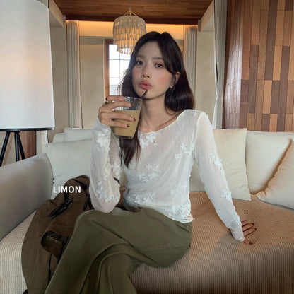 【LTM1800】檸檬早秋韓系高質感立體花朵刺繡網紗圓領長袖上衣260728