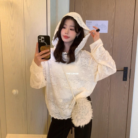 【L9359】實拍檸檬秋冬重工鈎花蕾絲寬鬆連帽蕾絲衫251117