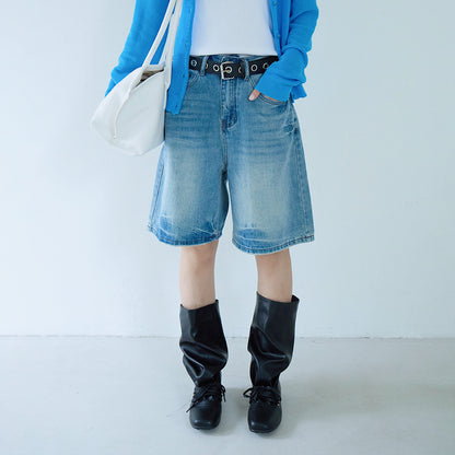 【LD11214】實拍美式復古休閒👖高腰水洗寬鬆直筒牛仔五分褲/中褲260331