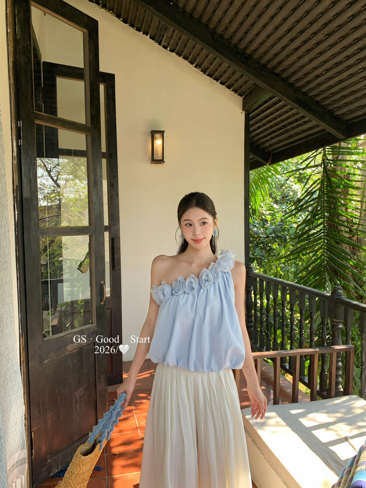 【LD0358W】法式溫柔仙女系🌸立體花朵條紋斜肩無袖上衣260323