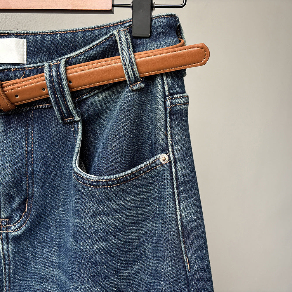 【Y98395】實拍S~XL復古加絨直筒牛仔褲含腰帶251106